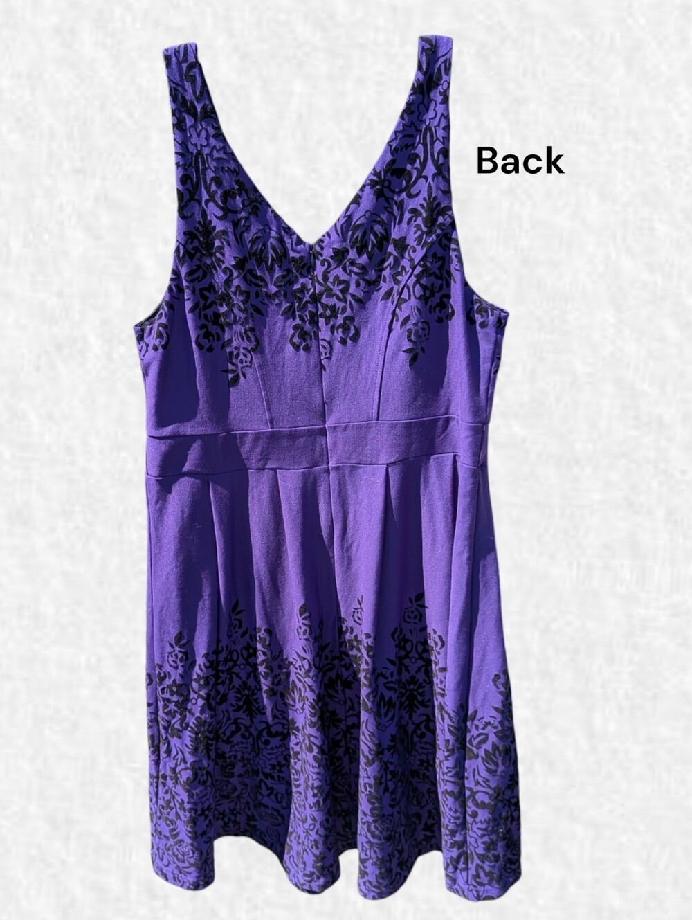 DEX Plus-Size 1x: Purple V-Neck A-Line Midi Dress with Velvet Black Details - Picture 3 of 6